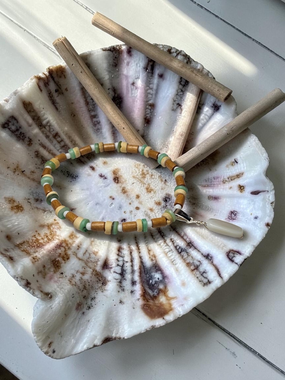 Handmade Beaded Stretch Bracelet in Sage Green & Tan